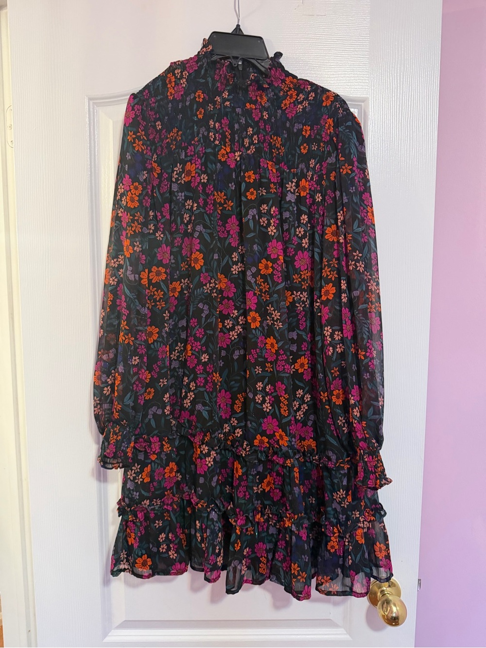 CeCe Black Long-Sleeve Floral Ruffle Dress with Pink and Orange Flowers